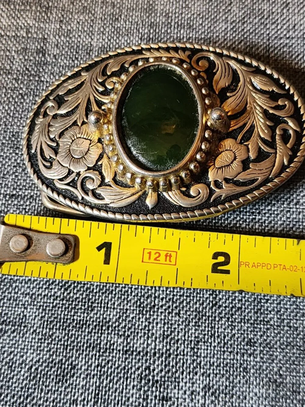 Vintage Western Style Engraved Floral Silver Metal With Green Stone Belt Buckle